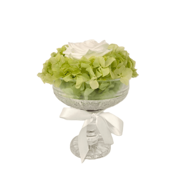 Coppa con Rosa Bianca ed Ortensie Stabilizzate Coppa con Rosa Bianca ed Ortensie Stabilizzate